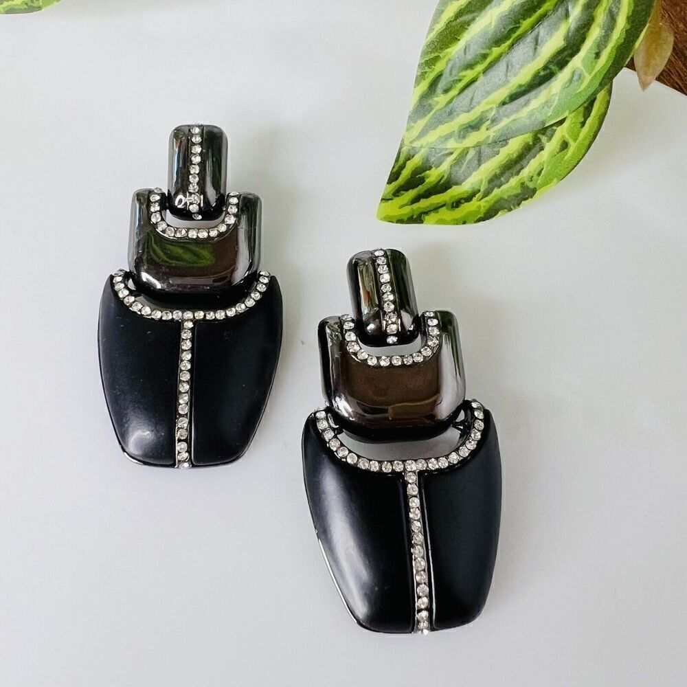 Kara Ross Black Label by Chico’s Huge Black Gunmetal Crystals Clip On Earrings